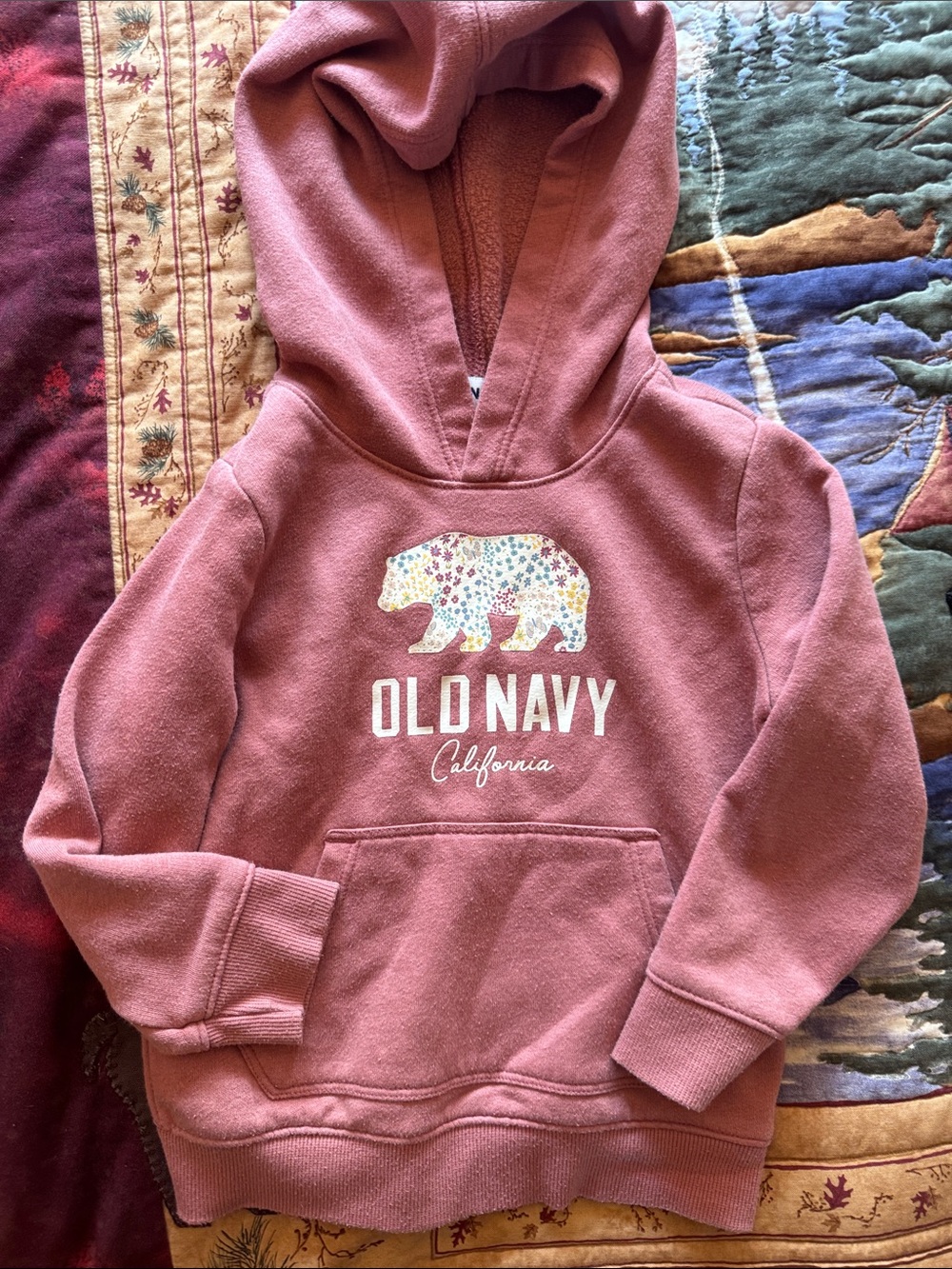 Old Navy Rose Pink Hoodie with Floral Bear Graphic